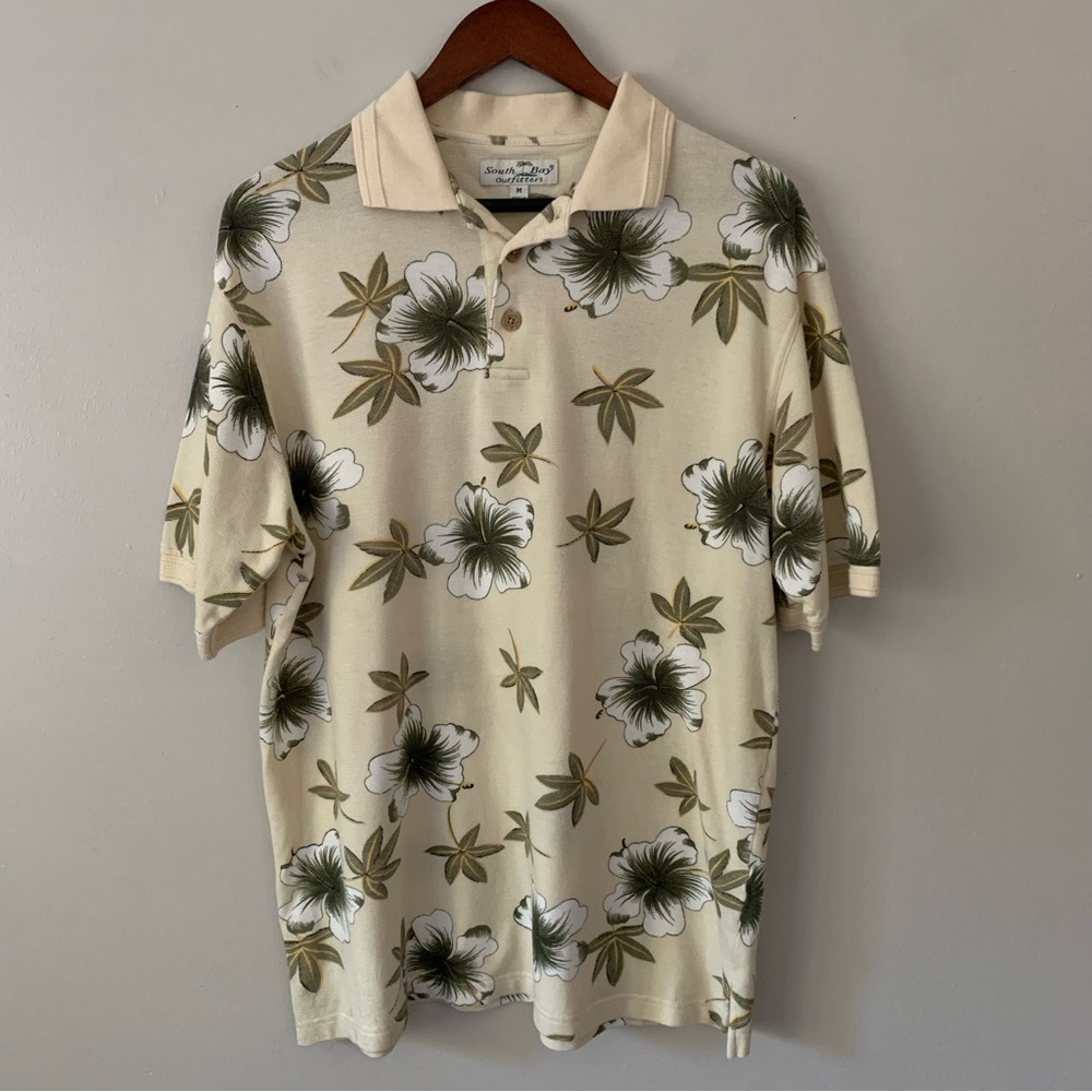 South Bay Outfitters Cream Light Yellow Button Up Polo Shirt Tropical Medium